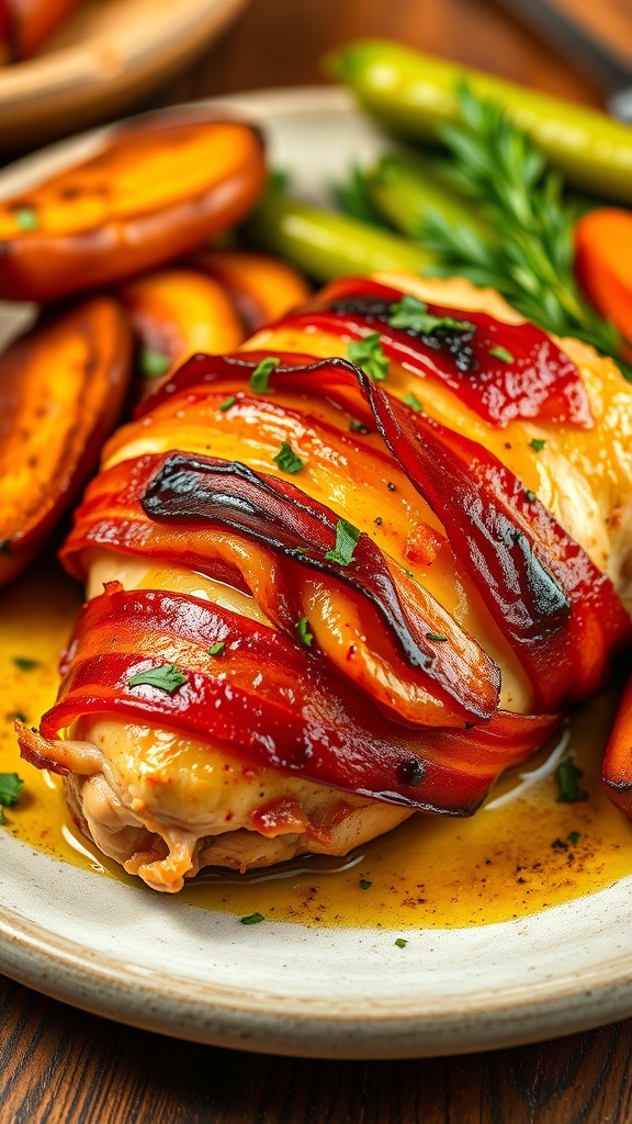 Bacon-wrapped chicken breast on a wooden table with roasted vegetables.